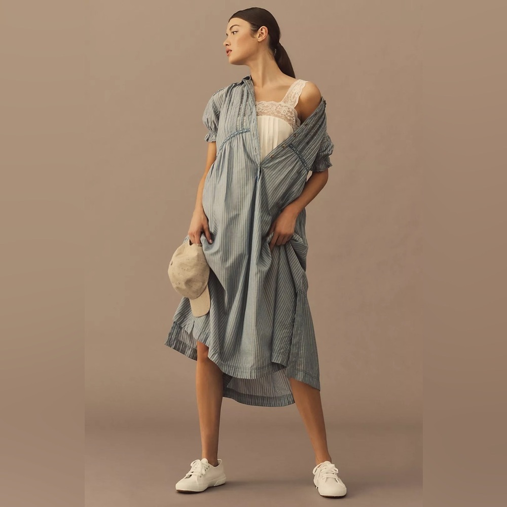 Anthropologie x Pilcro Flowy Puff-Sleeve Shirt Dress in Chambray